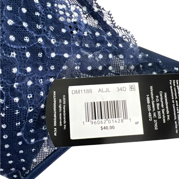 Maidenform Pure Comfort Bralette Wireless Lace Long Blue/Dots White Bra Size 34D - Picture 7 of 9